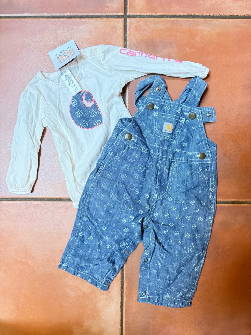 Carhartt Blue Denim Printed Girls' Overalls with White Long-Sleeve Top